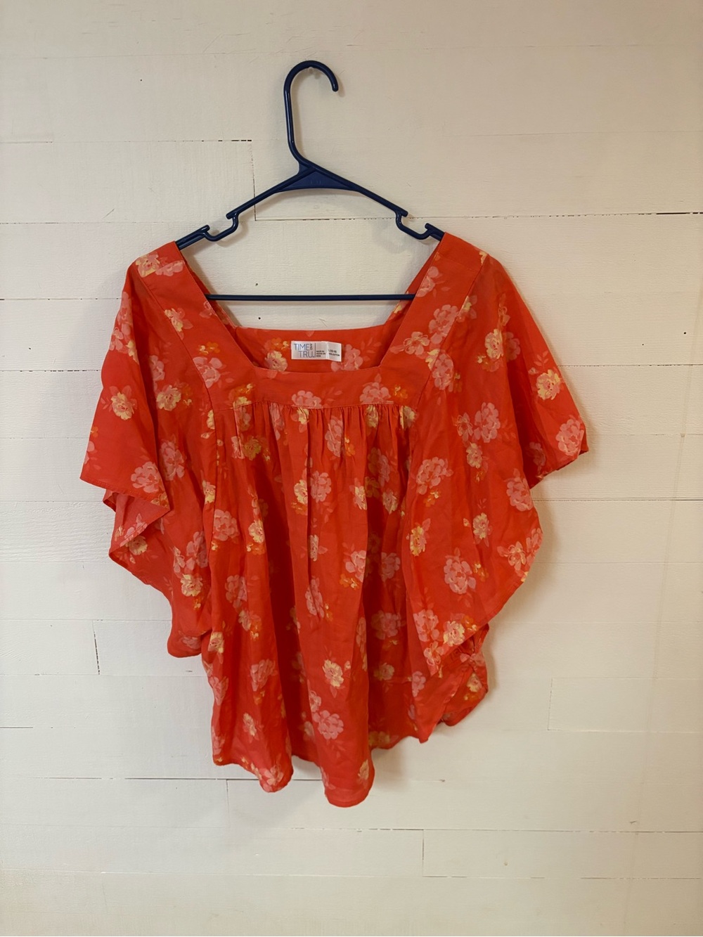 Time and Tru Floral Flutter Sleeve Blouse Orange Red Size L 12-14